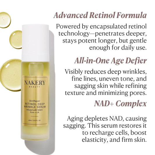 Nakery SkinRepair Retinol Deep Wrinkle Serum (2.02 Fl Oz), Anti Aging Face Serum with Encapsulated Retinol, NAD+ Complex, Ceramide NP, Hydrating Firming Skin Treatment for Fine Lines