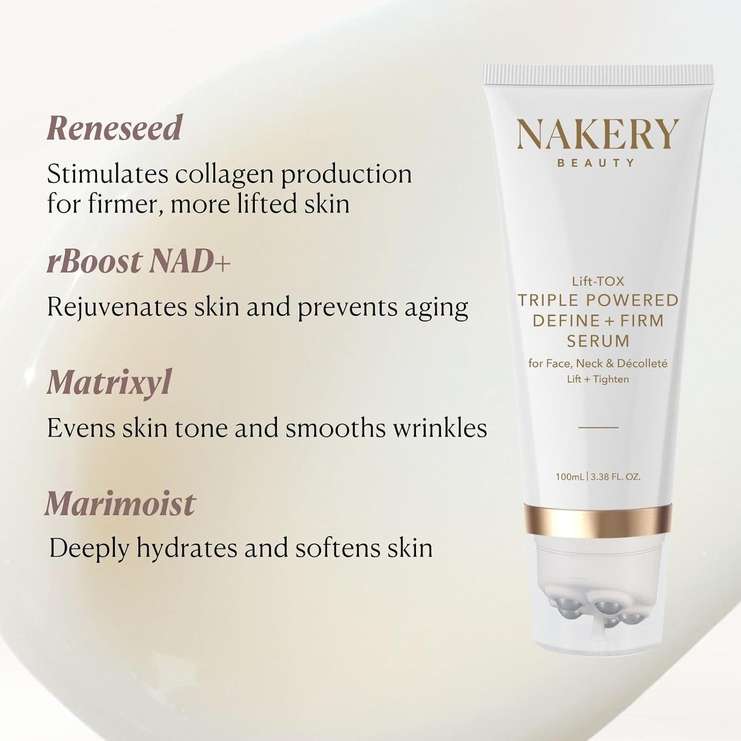 Nakery Lift-Tox Define & Firm Face Tightening Treatment with NAD+ & Collagen Booster, Neck & Jawline Roller for Sagging Skin, Lifting Wrinkles, Jowls, Crepey Texture, Firming for Women 50+