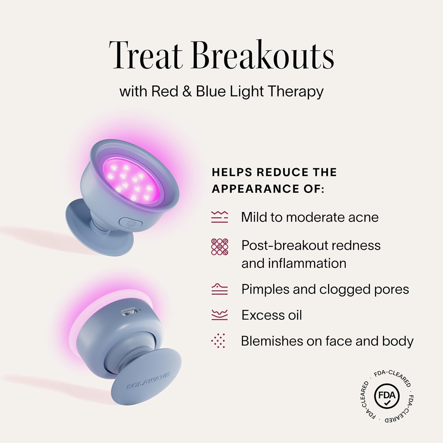 Solawave Bye Acne | Blue & Red Light Therapy Device for Face & Body | LED Face Wand Reduces Appearance of Redness, Pimples, Zits, & Blemishes | Calms Inflammation | 3-Min Treatment | Easy to Use