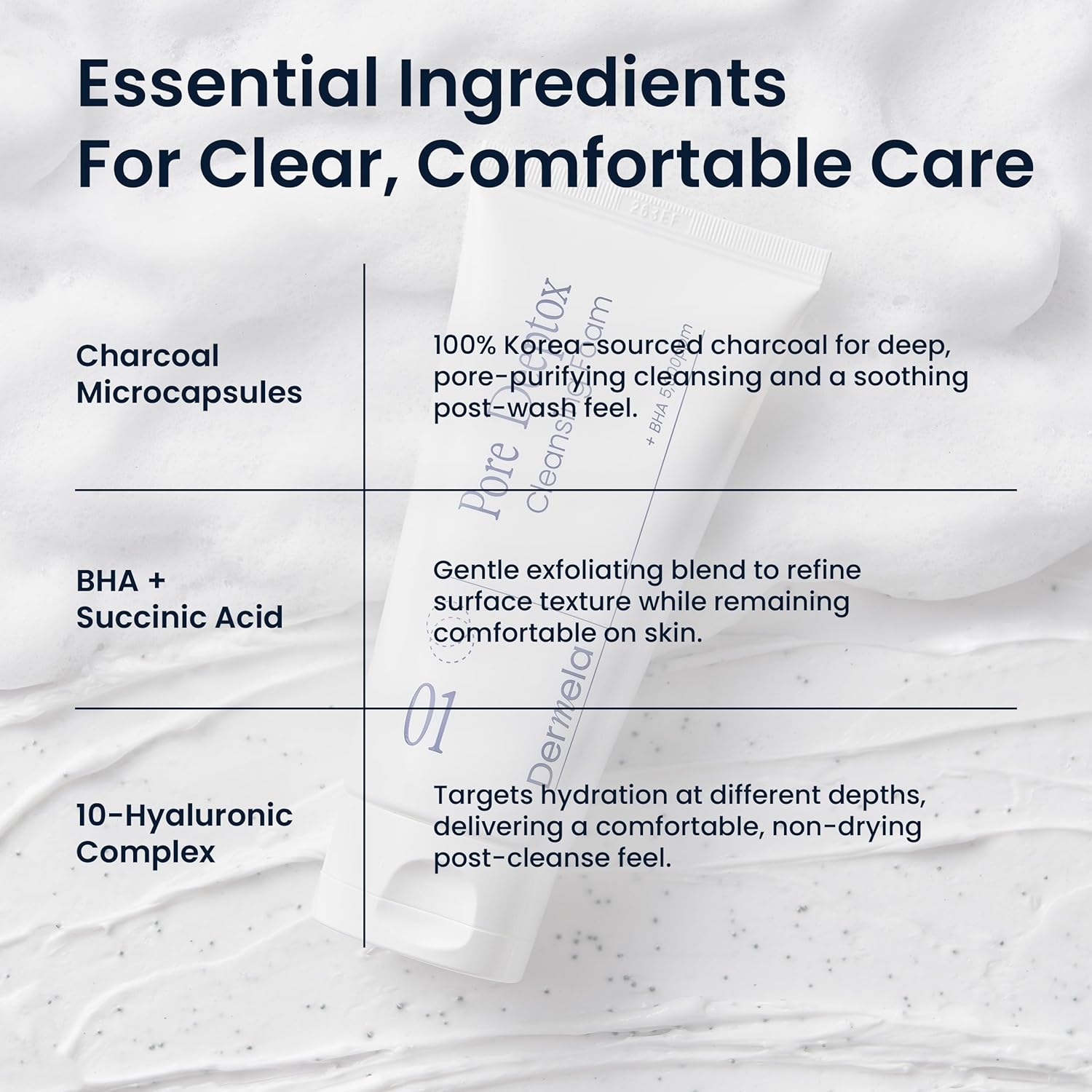 Pore Deeptox Cleansing Foam, Black Charcoal + BHA & Succinic Acid, One-Step Pore-Purifying Cleanser, 10-Weight Hyaluronic, 4.06 fl oz (120 mL) | Korean Face Wash for Oily & Sensitive Skin